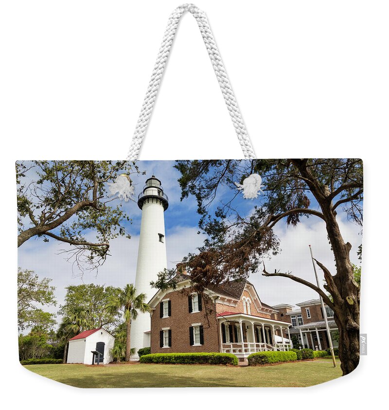 Saint Simons Island Weekender Tote Bag featuring the photograph Saint Simons Island Lighthouse by Lorraine Baum