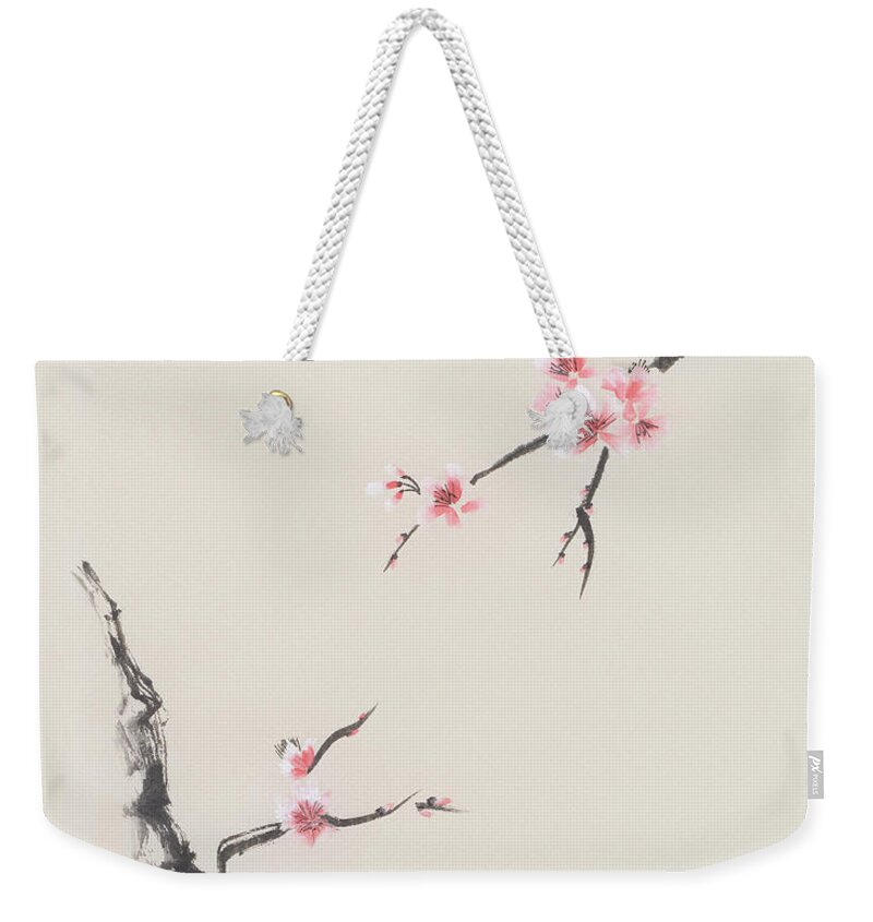Sakura Weekender Tote Bag featuring the photograph Sakura tree branches with cherry blossom flowers oriental Zen Su by Awen Fine Art Prints