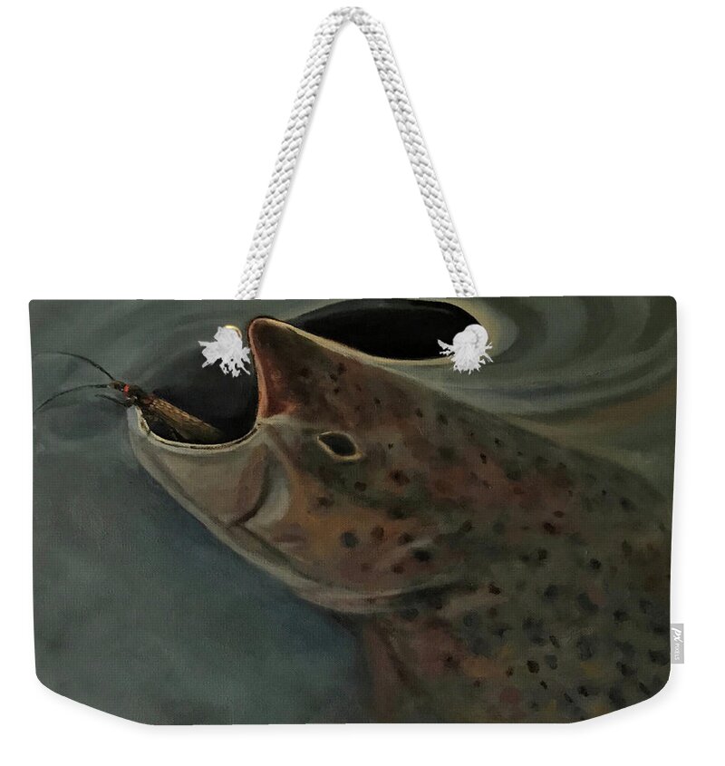 Fishing Weekender Tote Bag featuring the painting Salmon Flies are Back by Les Herman