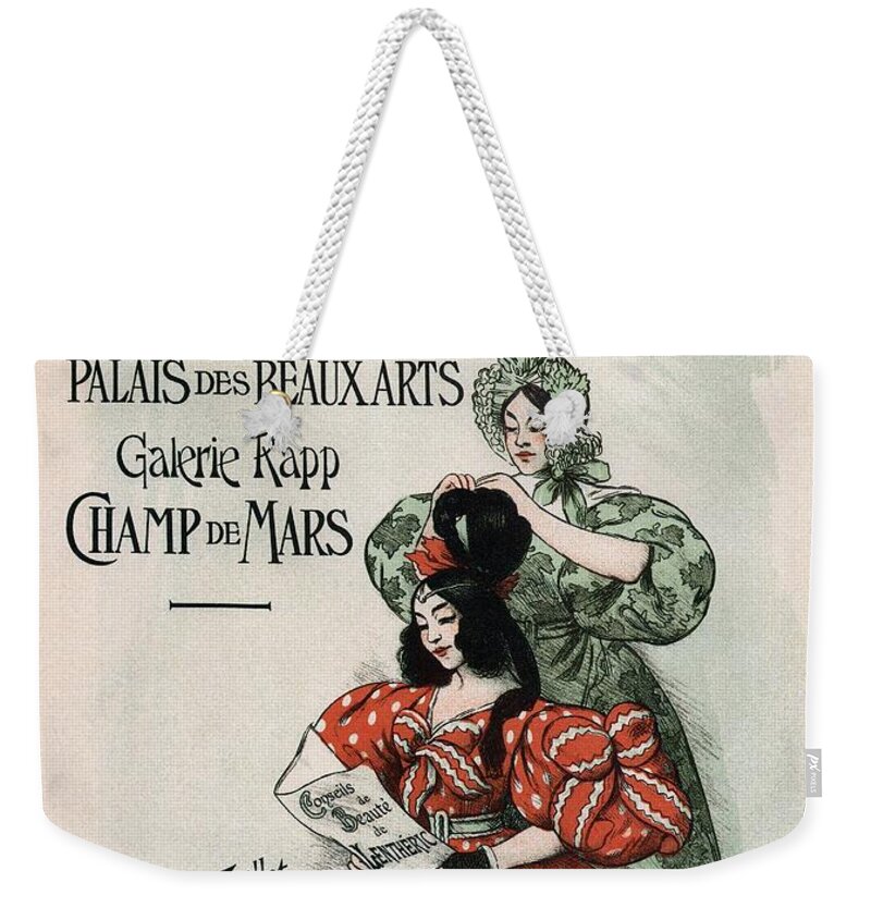 Salon Weekender Tote Bag featuring the mixed media Salon National de La Mode - Palais des Beaux Arts - Art Nouveau Exposition Poster - Paris by Studio Grafiikka