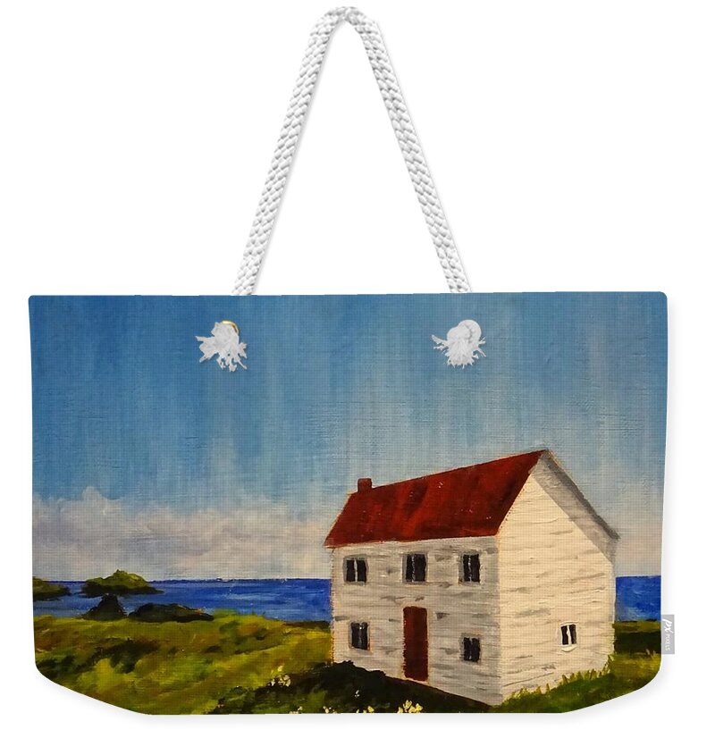 Newfoundland Weekender Tote Bag featuring the painting Saltbox House by Diane Arlitt