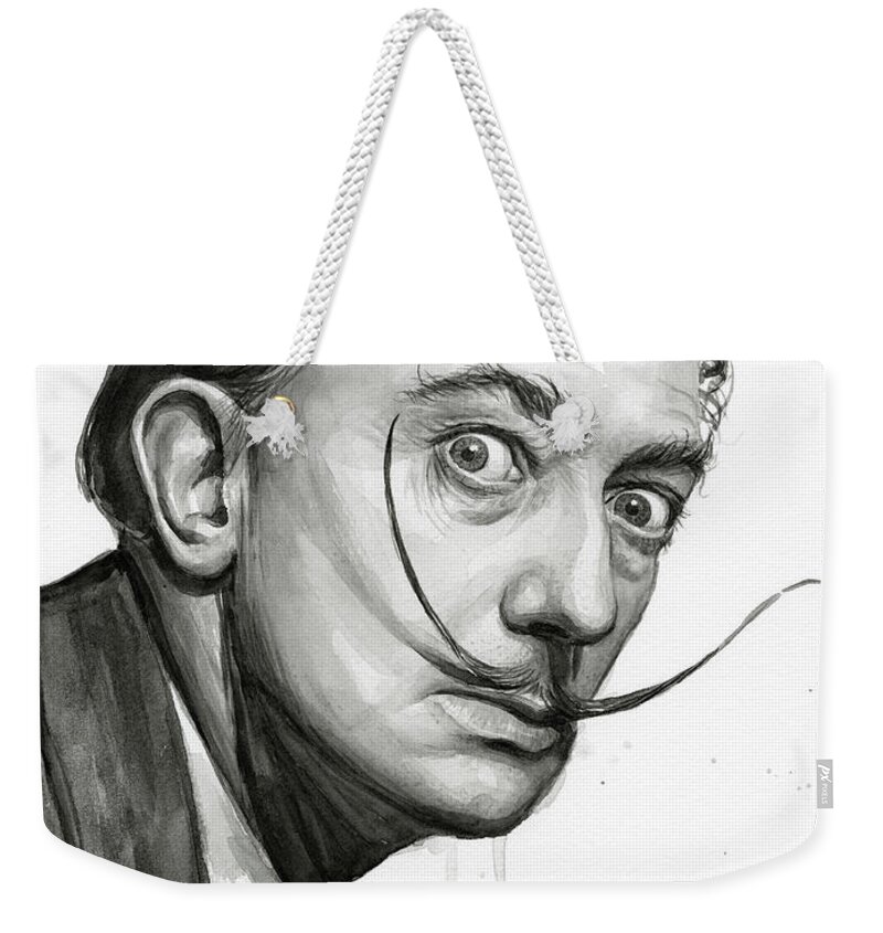 Salvador Dali Weekender Tote Bag featuring the painting Salvador Dali Portrait Black and White Watercolor by Olga Shvartsur