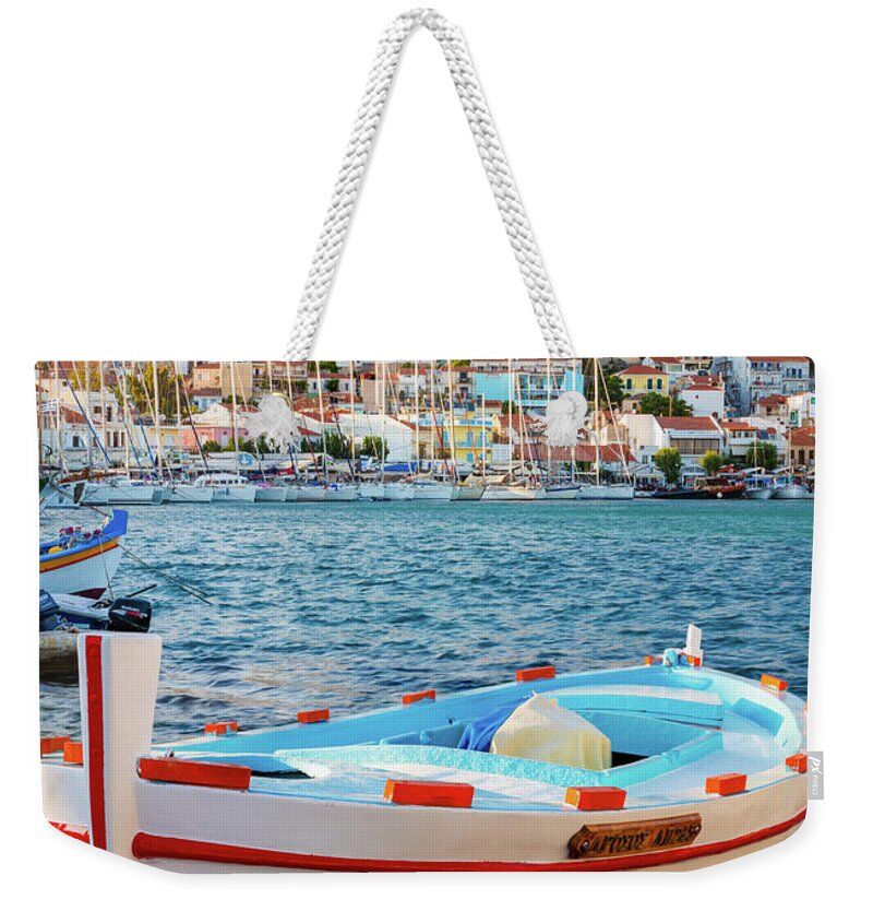 Aegean Sea Weekender Tote Bag featuring the photograph Samos Boat by Inge Johnsson