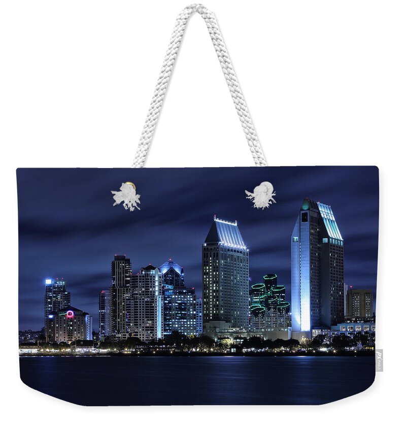 San Diego Weekender Tote Bag featuring the photograph San Diego Skyline at Night by Larry Marshall