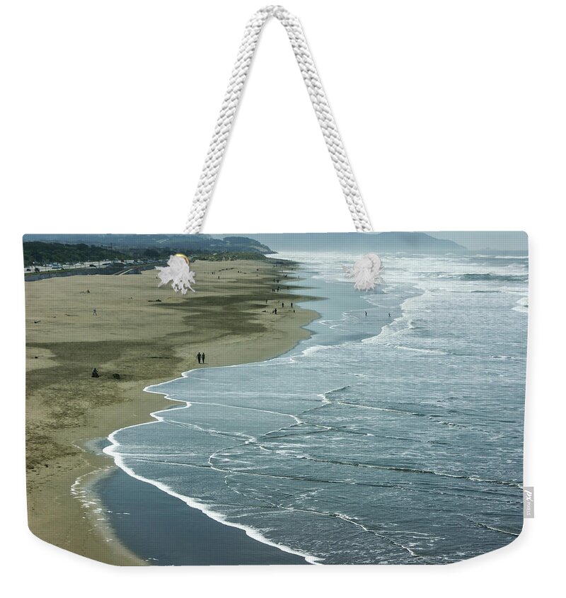 Georgia Mizuleva Weekender Tote Bag featuring the painting San Francisco Fog - Ocean Beach Rolling Surf by Georgia Mizuleva