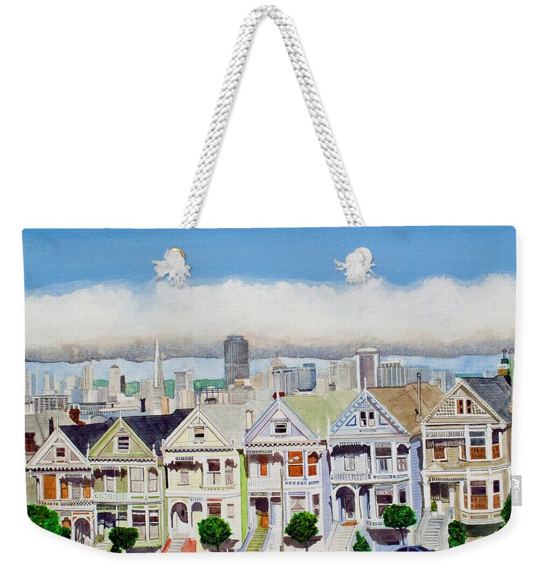 San Francisco Weekender Tote Bag featuring the painting San Francisco's Painted Ladies by Mike Robles