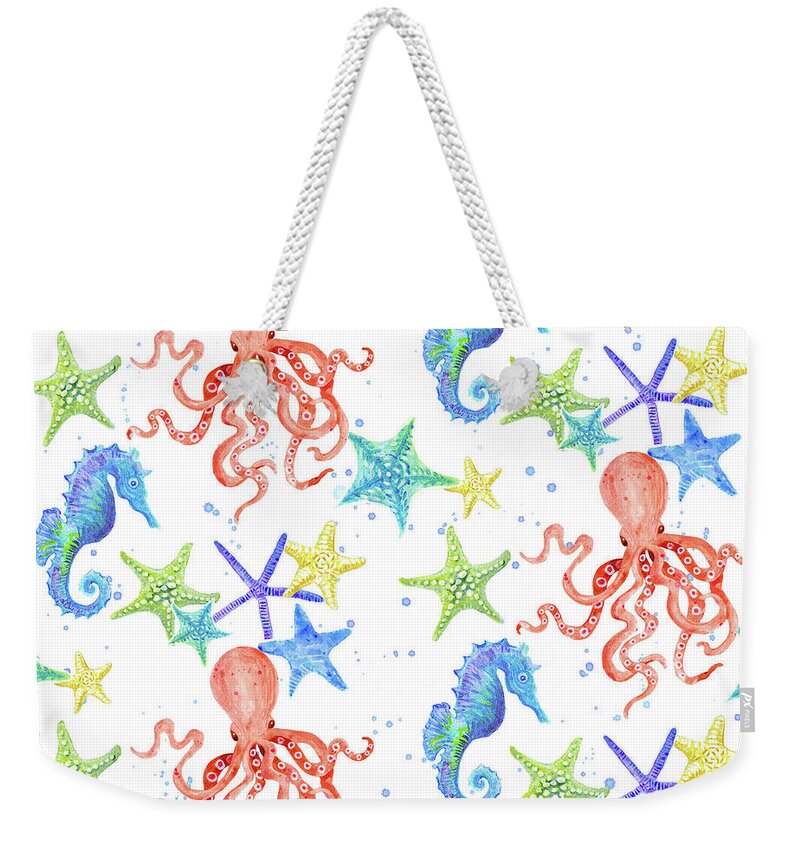 Acrylic Weekender Tote Bag featuring the painting Sand 'n Sea Beach Ocean Seashore Red Orange Octopus by Audrey Jeanne Roberts