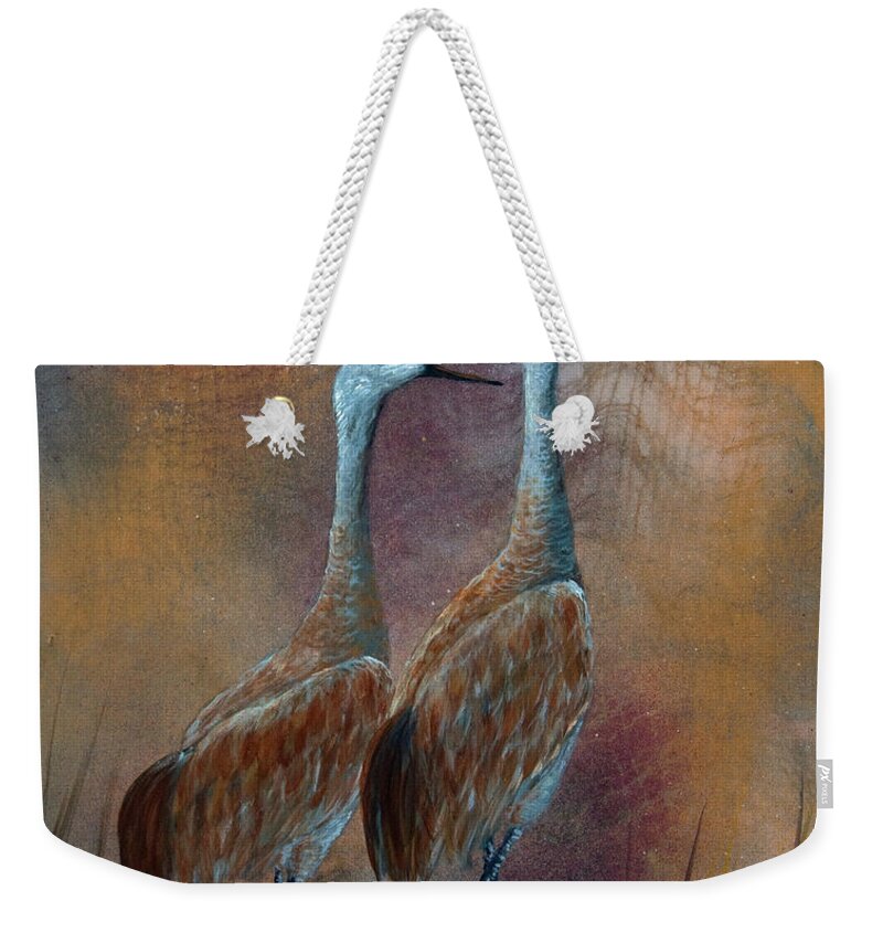 Sandhill Crane Weekender Tote Bag featuring the painting Sandhill Crane Duet by Dee Carpenter