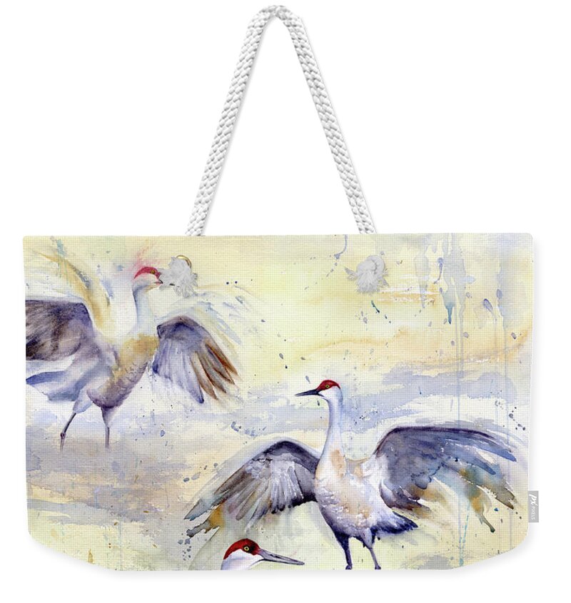 Cranes Weekender Tote Bag featuring the painting Wetlands Courtship - Sandhill Cranes by Marsha Karle