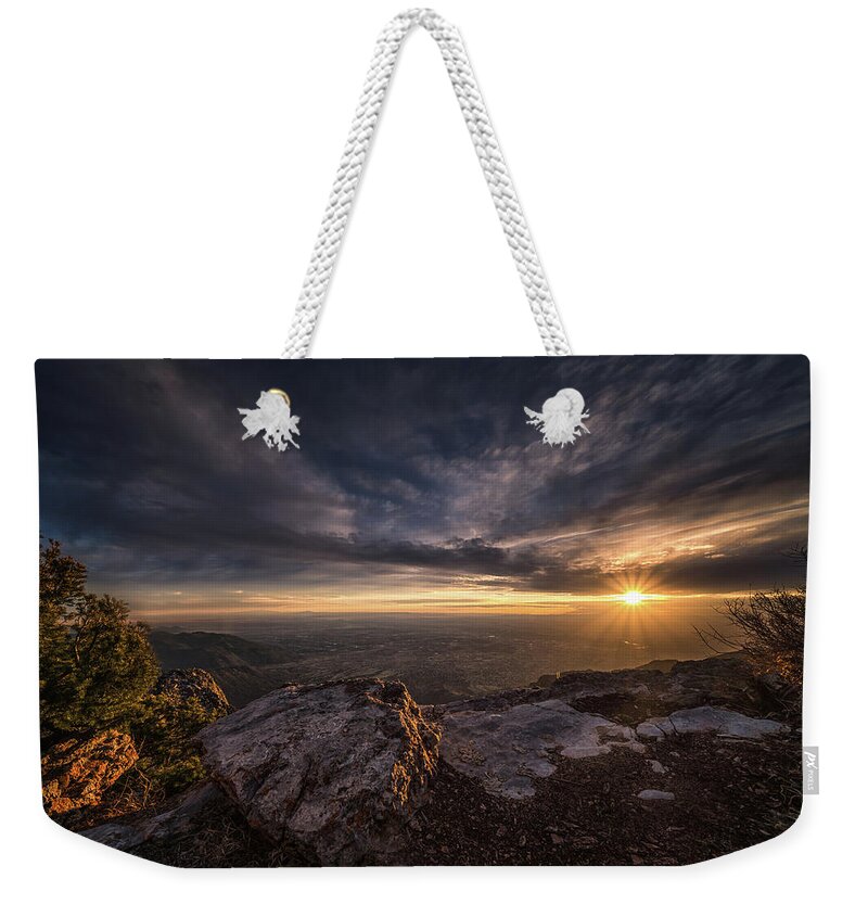 Albuquerque Weekender Tote Bag featuring the photograph Sandia Peak Sunset full rays by Framing Places