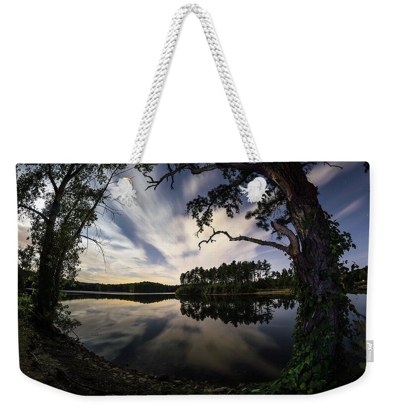 Sandra Sandra's Pond Reservoir Westboro Westborough Ma Mass Massachusetts Newengland New England U.s.a. Usa Water Lake Outside Outdoors Nature Serene Sky Clouds Stars Reflection Brian Hale Brianhalephoto Weekender Tote Bag featuring the photograph Sandra Pond at Night by Brian Hale