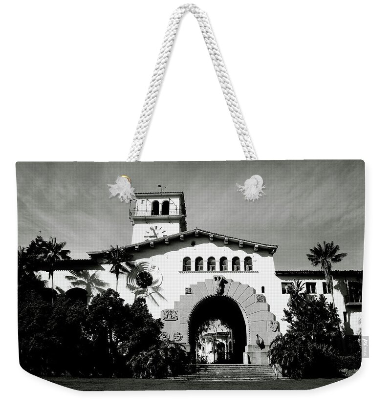 Santa Barbara Weekender Tote Bag featuring the mixed media Santa Barbara Courthouse Black And White-by Linda Woods by Linda Woods