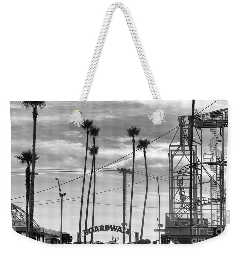 Santa Cruz Weekender Tote Bag featuring the photograph Santa Cruz Boardwalk Black White California by Chuck Kuhn