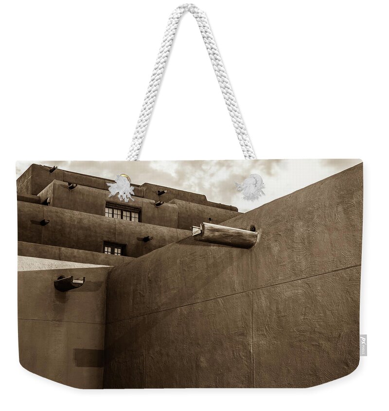 America Weekender Tote Bag featuring the photograph Santa Fe Spanish Pueblo Style Architecture Cityscape - Sepia Edition by Gregory Ballos