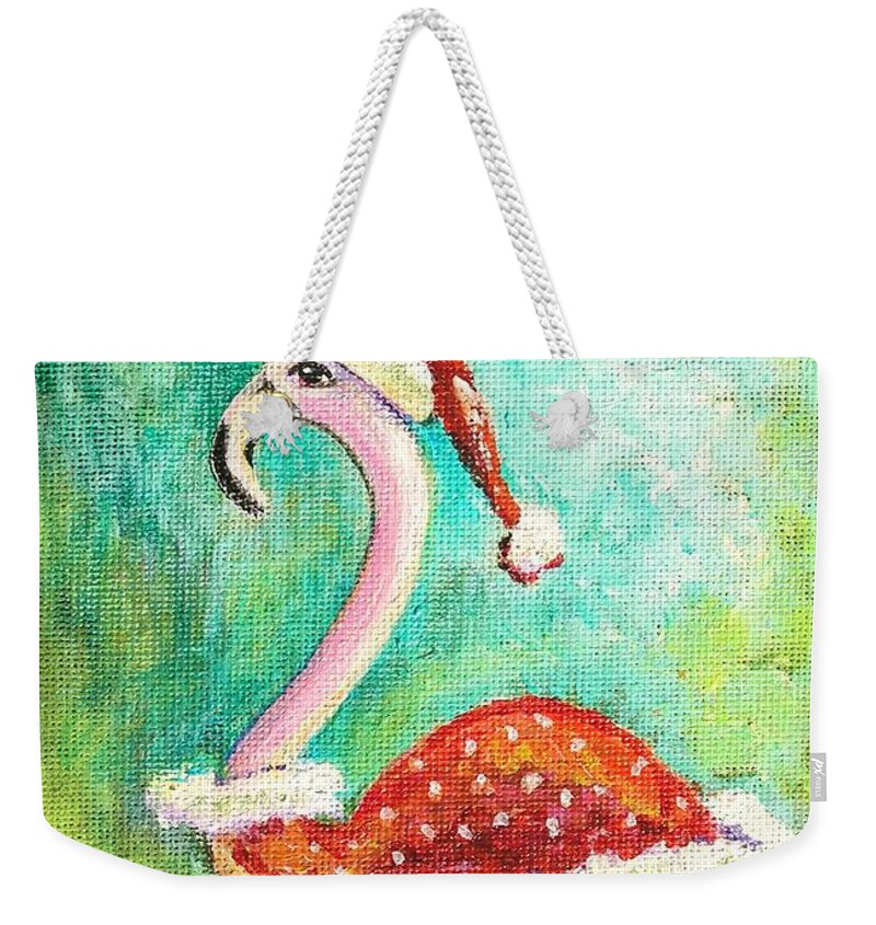 Christmas Weekender Tote Bag featuring the painting Santa Flamingo by Patricia Piffath