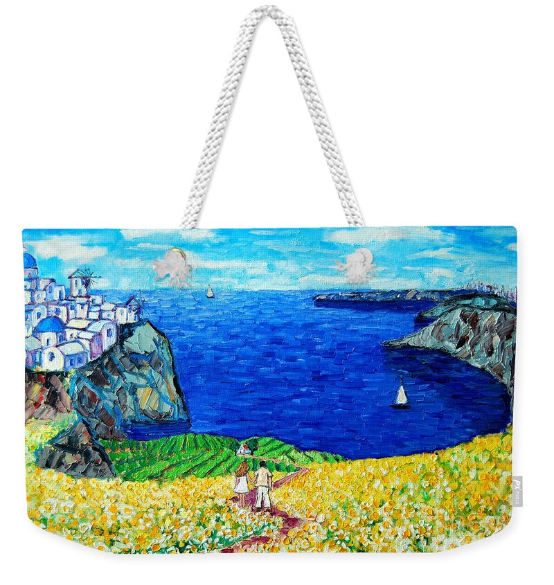 Santorini Weekender Tote Bag featuring the painting Santorini Honeymoon by Ana Maria Edulescu