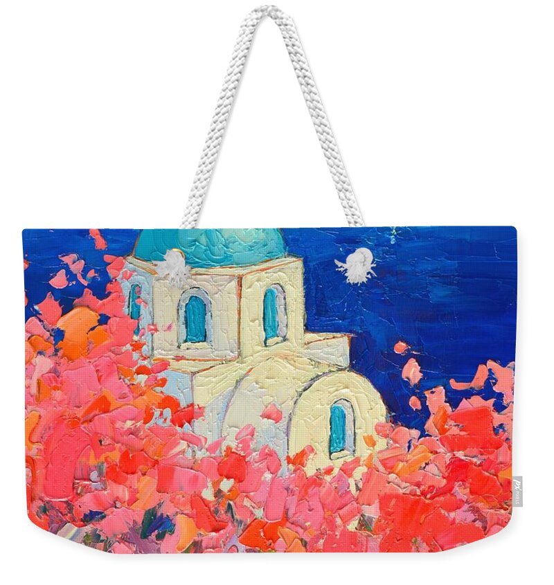 Santorini Weekender Tote Bag featuring the painting Santorini Impression - Full Bloom In Santorini Greece by Ana Maria Edulescu