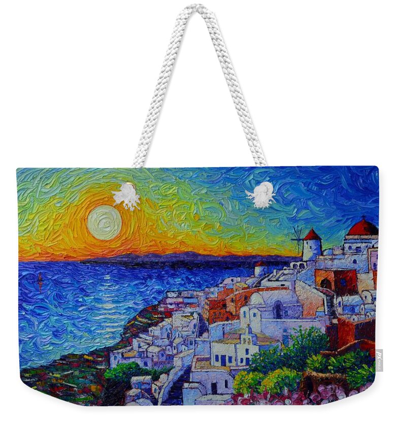 Santorini Weekender Tote Bag featuring the painting SANTORINI OIA SUNSET modern impressionist impasto palette knife oil painting by Ana Maria Edulescu by Ana Maria Edulescu