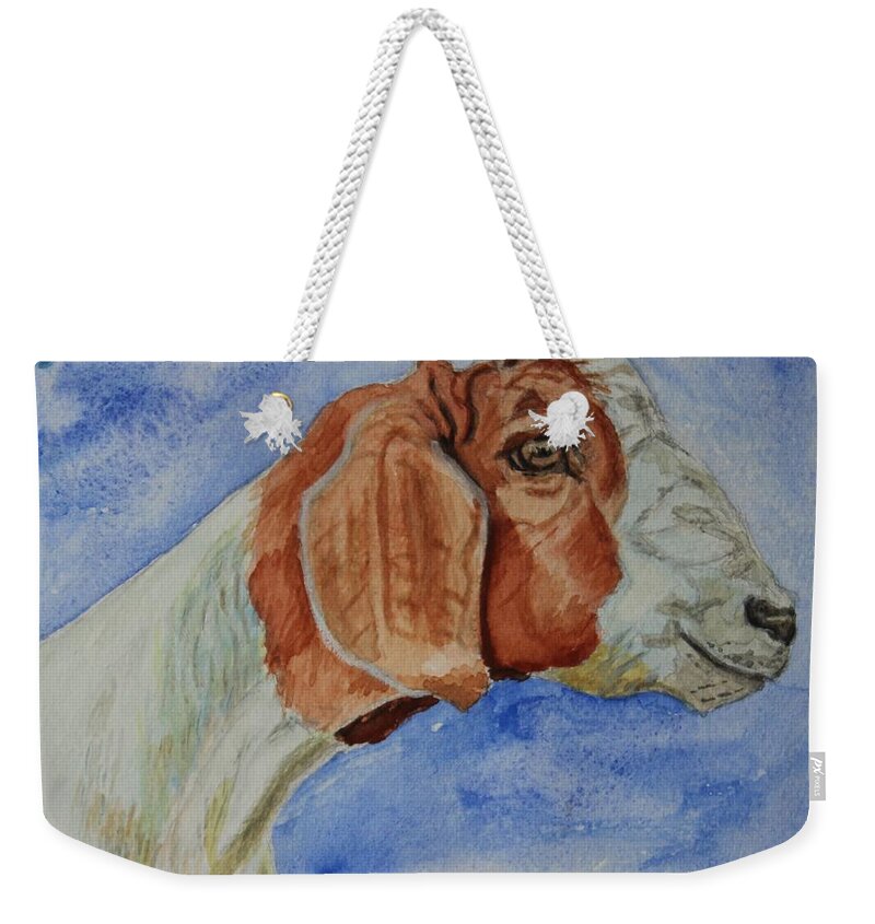 Large Weekender Tote Bag featuring the painting SARA's Goat, Hercules by Vera Smith
