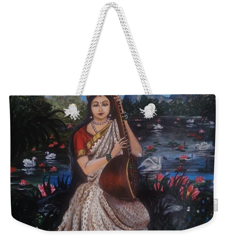 Saraswati Weekender Tote Bag featuring the painting Divinity by Tara Krishna