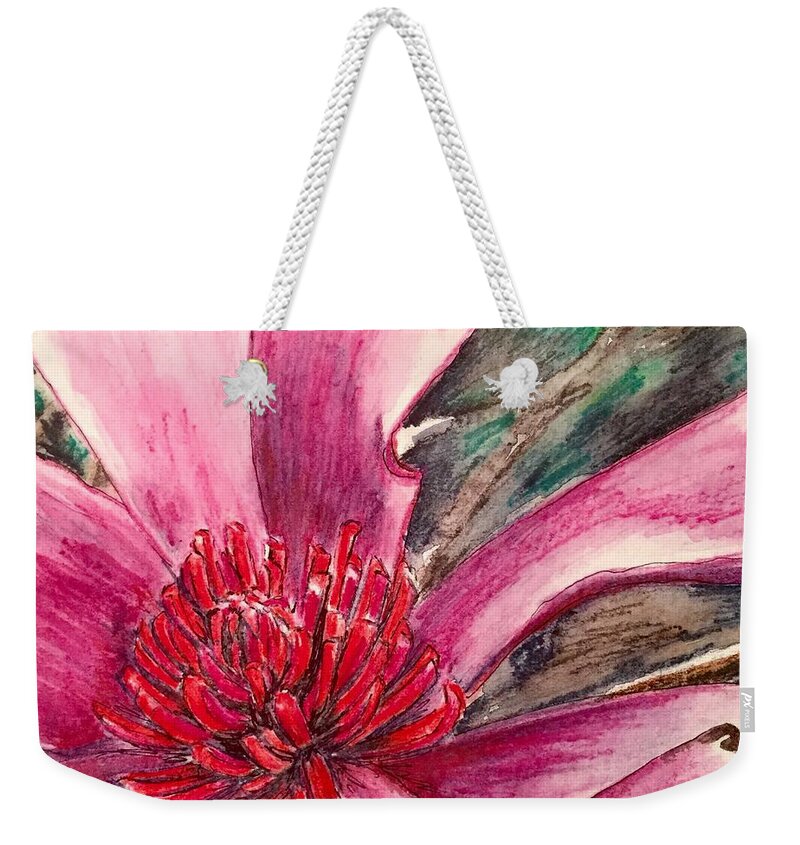 Macro Weekender Tote Bag featuring the drawing Saucy Magnolia by Vonda Lawson-Rosa