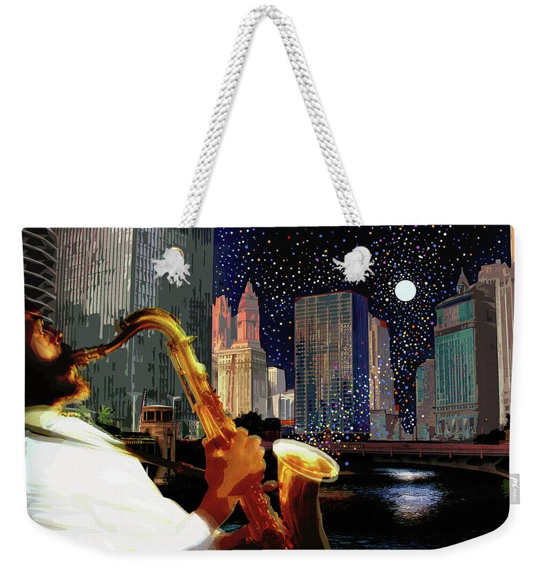 Jazz Weekender Tote Bag featuring the digital art Sax in the City by Joe Roache