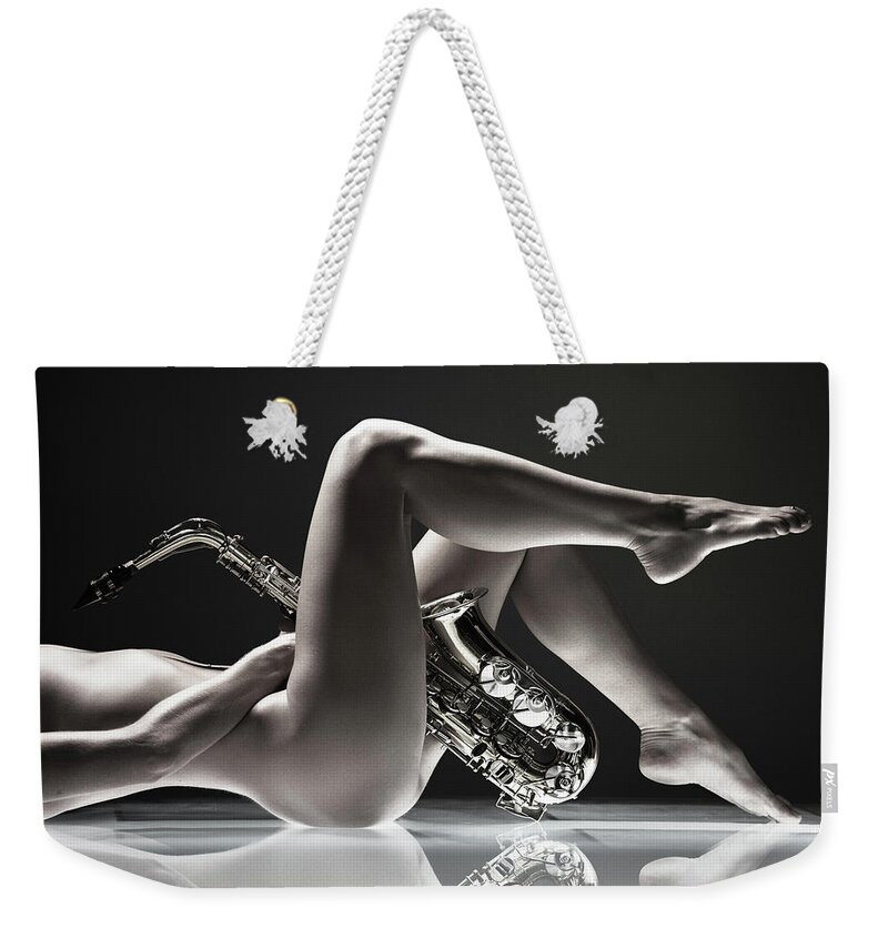 Saxophone Weekender Tote Bag featuring the photograph Saxilicious BW by Dario Impini