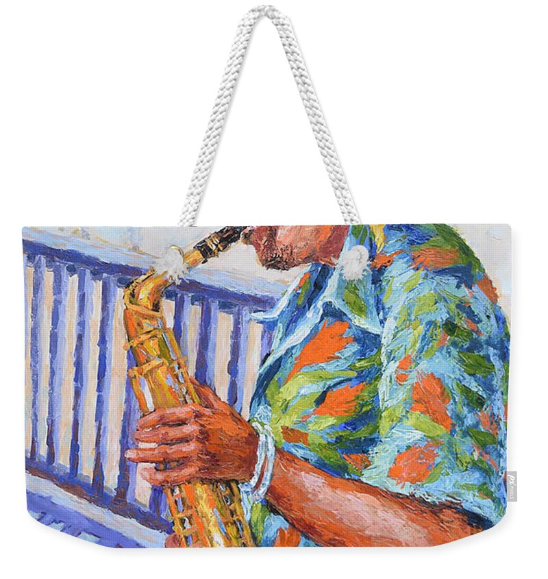 Music Weekender Tote Bag featuring the painting Saxophone Player by Jyotika Shroff