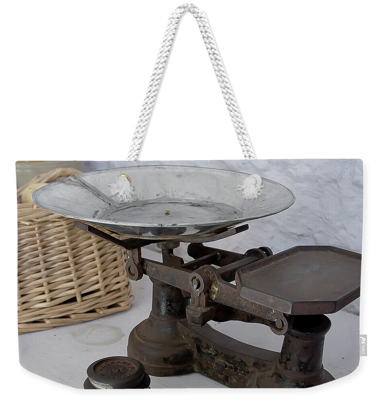 Scales Weekender Tote Bag featuring the photograph Scales and weights by Elena Perelman