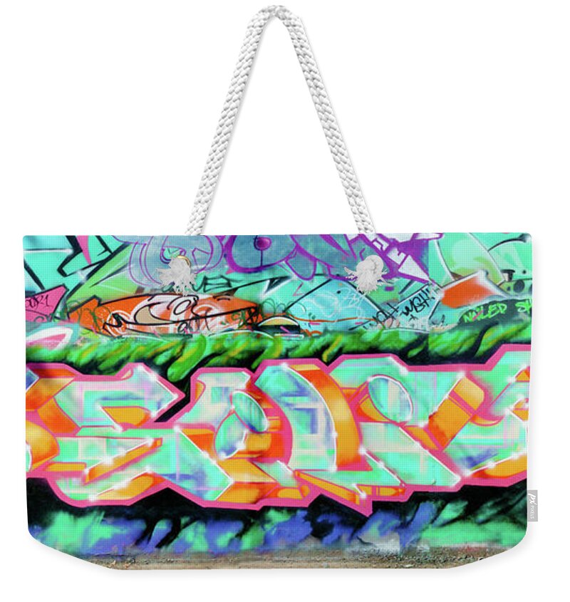 Graffiti Art Weekender Tote Bag featuring the photograph SCAPE, Screaming Creative and Positive Energy, Graffiti Art North 11th Street, San Jose 1990 by Kathy Anselmo