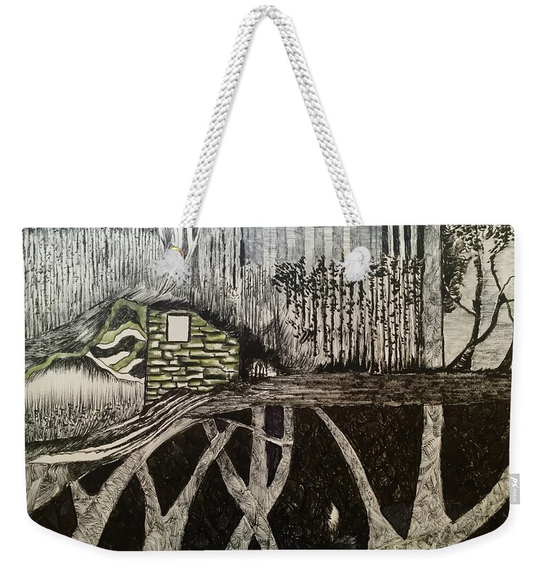 Black And Whitw Weekender Tote Bag featuring the drawing Scene elevated by trees by Dennis Ellman