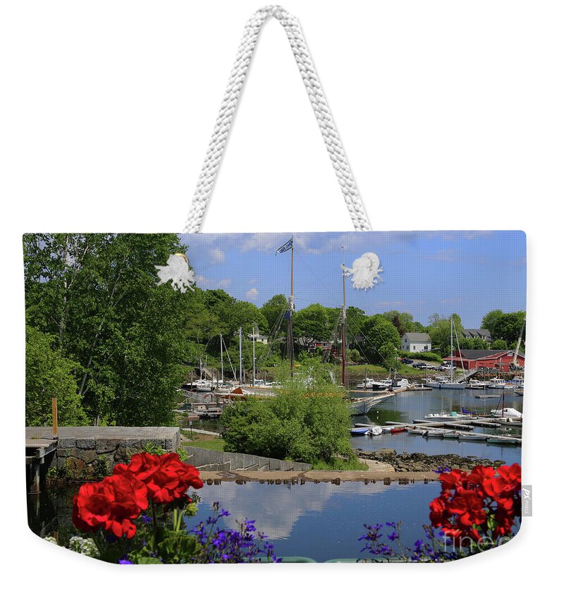Schooner. Schooners Weekender Tote Bag featuring the photograph Schooners and Flowers, Camden, Maine by Marty Fancy