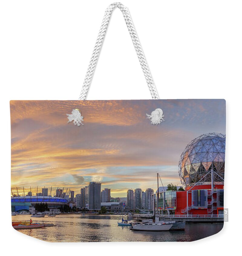 Canada Weekender Tote Bag featuring the photograph Science World and BC Place Stadium at Sunset. Vancouver, BC by Rick Deacon