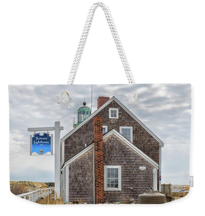 Scituate Lighthouse And Us Lighthouse Service Bell Weekender Tote Bag featuring the photograph Scituate Lighthouse and US Lighthouse Service Bell by Brian MacLean