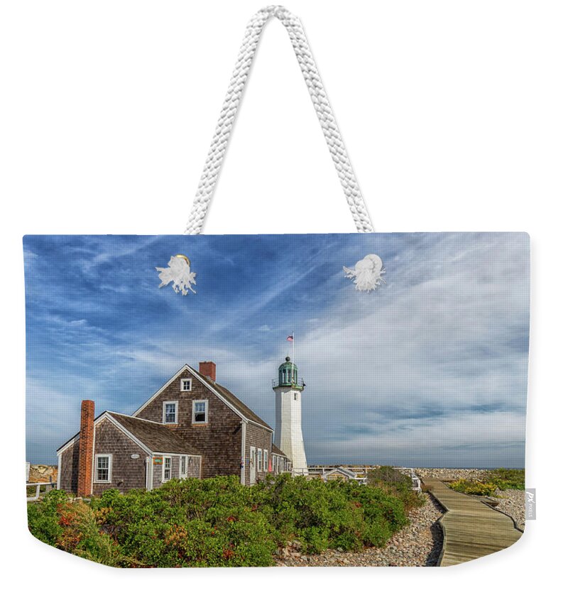 Scituate Lighthouse Boardwalk Weekender Tote Bag featuring the photograph Scituate Lighthouse Boardwalk by Brian MacLean
