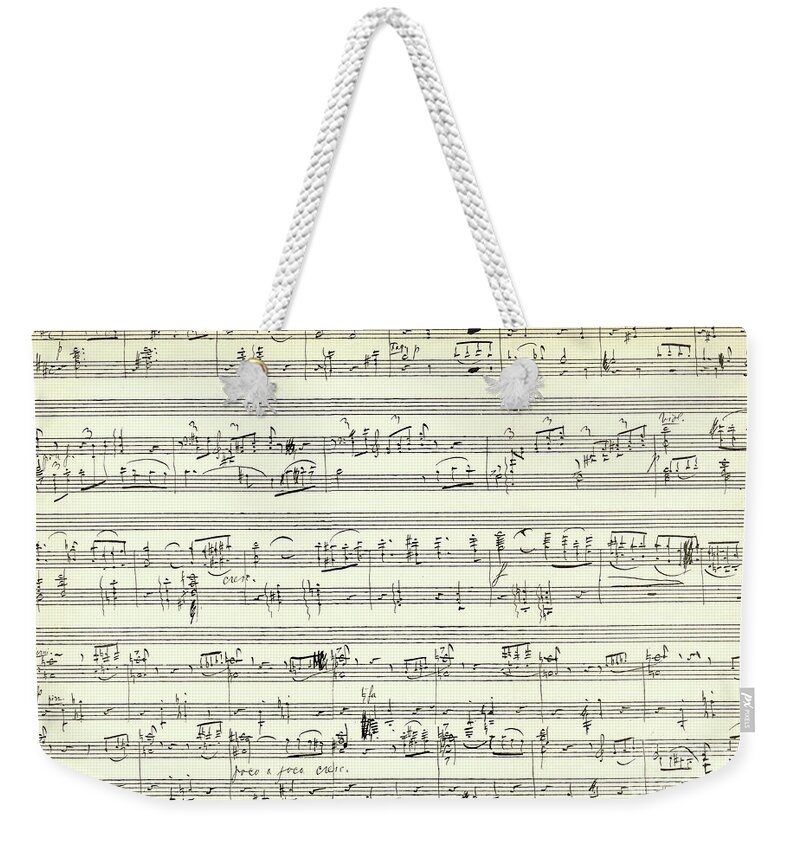 Swan Lake Weekender Tote Bag featuring the drawing Score for the opening of Swan Lake by Tchaikovsky by Tchaikovsky
