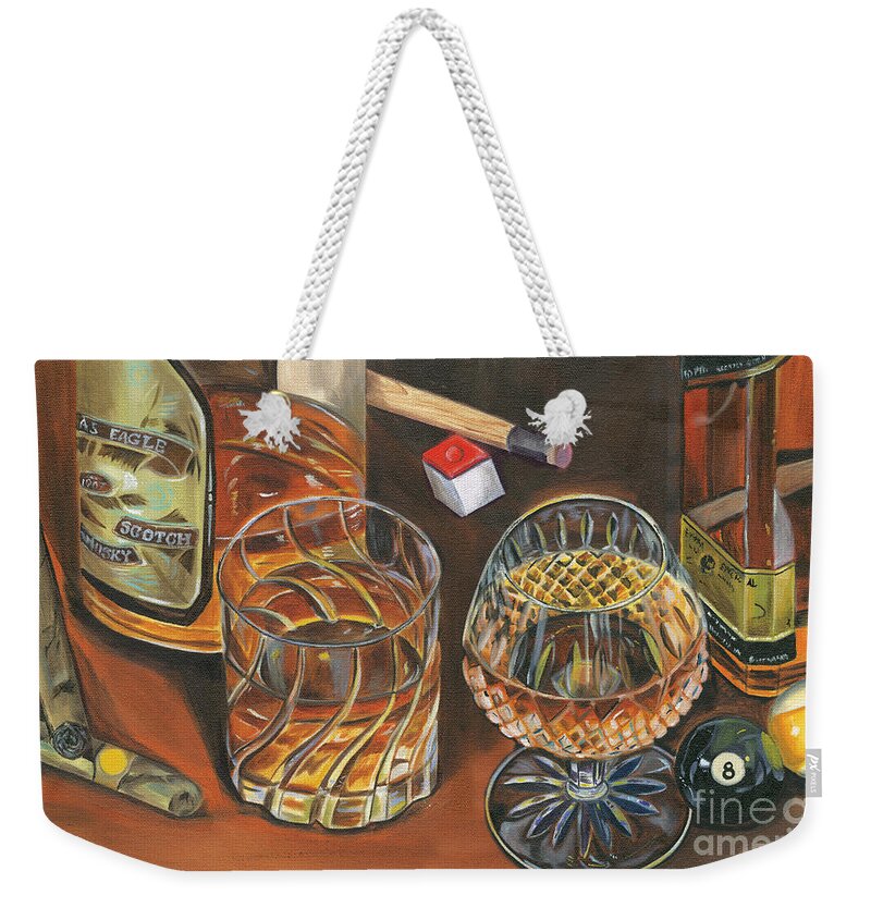 Scotch Weekender Tote Bag featuring the painting Scotch Cigars and Poll by Debbie DeWitt