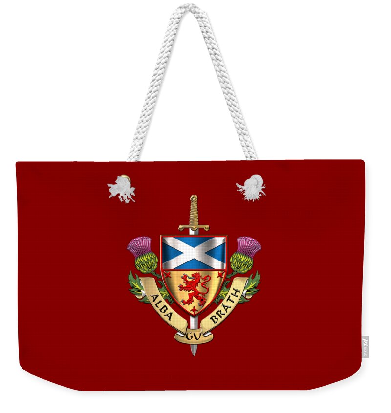 “world Heraldry” Collection Serge Averbukh Weekender Tote Bag featuring the digital art Scotland Forever - Alba Gu Brath - Symbols of Scotland over Red Velvet by Serge Averbukh