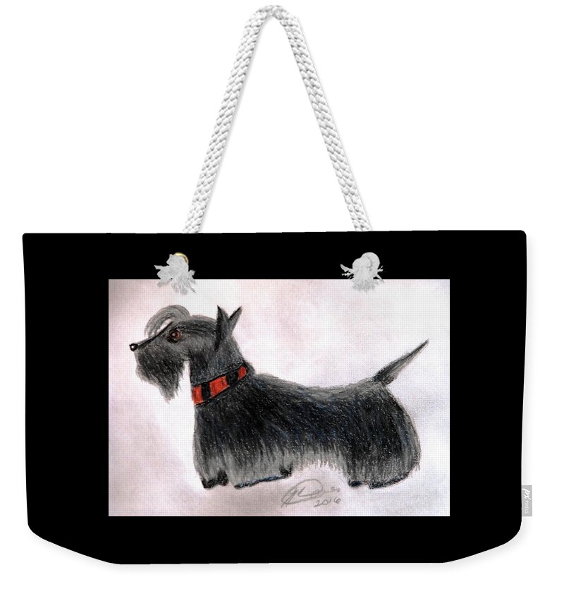 Scotty Drawings Weekender Tote Bag featuring the drawing Scotty Elegance by Angela Davies