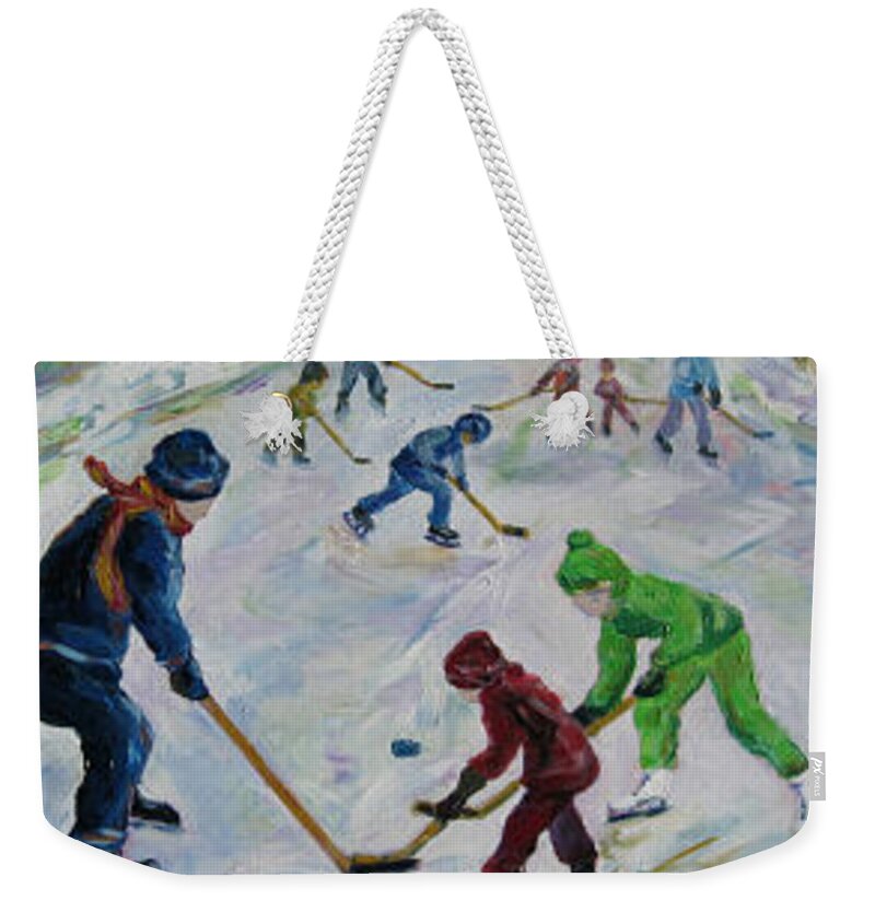 Family Weekender Tote Bag featuring the painting Scrimmage on the Farm Pond by Naomi Gerrard