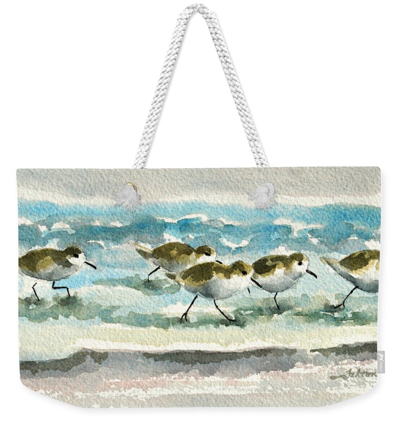 Sandpipers Weekender Tote Bag featuring the painting Scurrying along the shoreline 2 1-6-16 by Julianne Felton