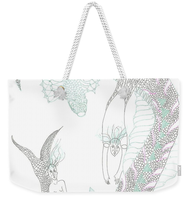 Sea Dragons Weekender Tote Bag featuring the painting Sea Dragons and Mermaids by Helen Holden-Gladsky