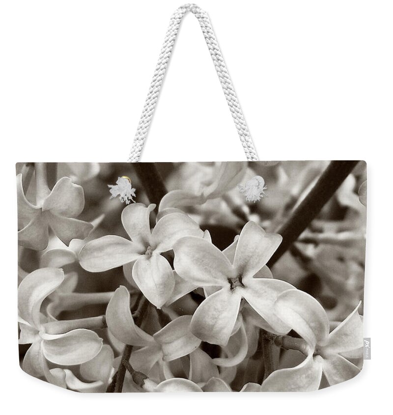 Lilacs Weekender Tote Bag featuring the photograph Sea of Lilacs Sepia by Kathi Mirto