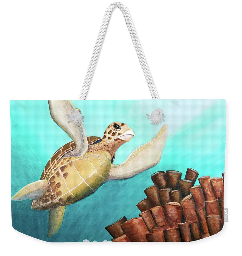 Green Sea Turtle. Coral Reef Weekender Tote Bag featuring the painting Sea Turtle Joy by Patricia Beebe