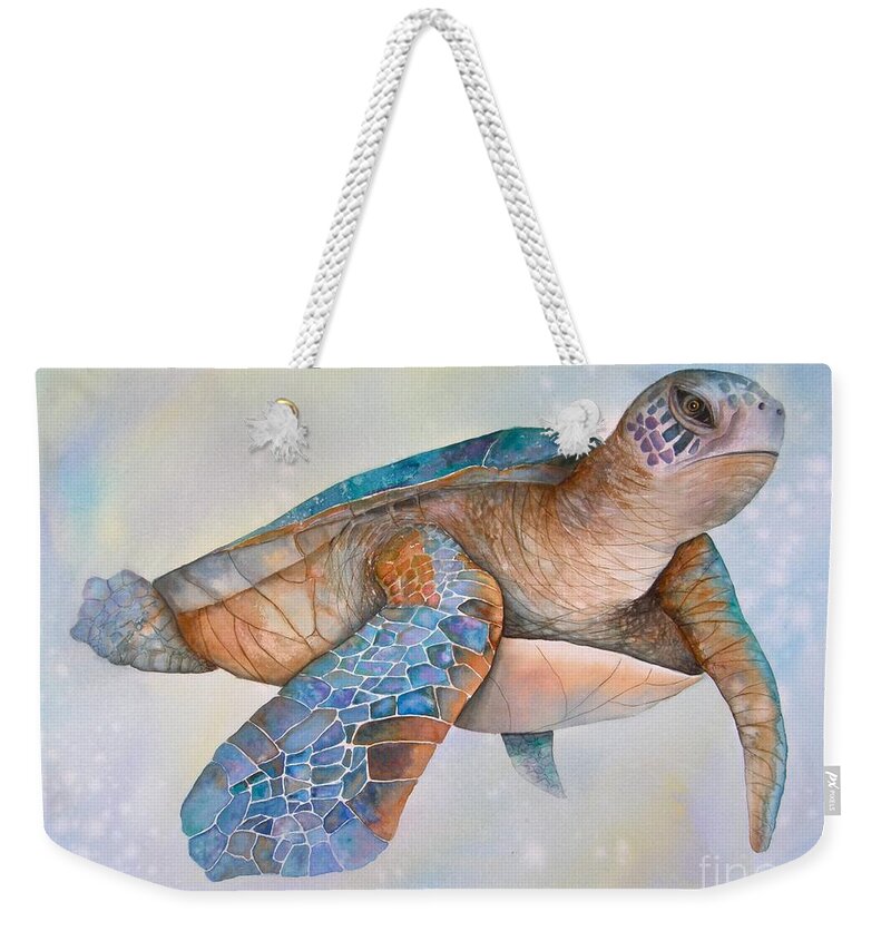 Sea Turtle Weekender Tote Bag featuring the painting Sea Turtle- Twilight Swim by Midge Pippel