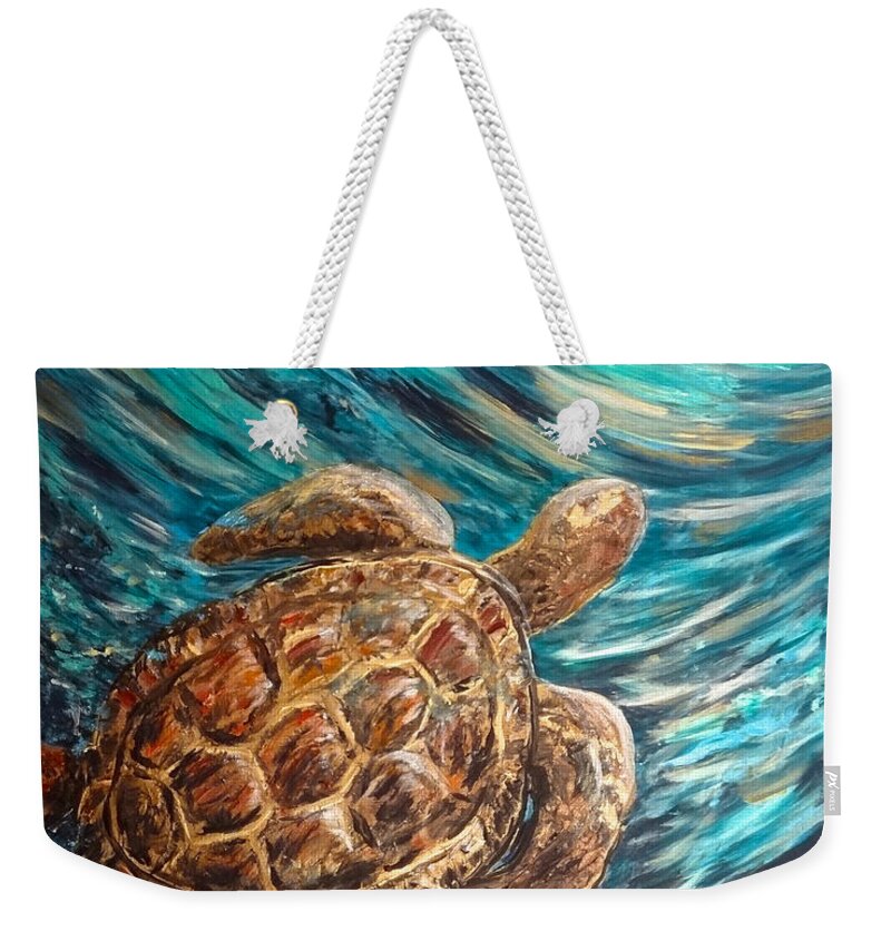 Sea Weekender Tote Bag featuring the painting Sea Turtle Wave Guam by Michelle Pier