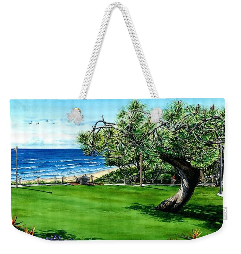 Del Mar Image Weekender Tote Bag featuring the painting San Diego,Seagrove Park, Del Mar San Diego by John YATO