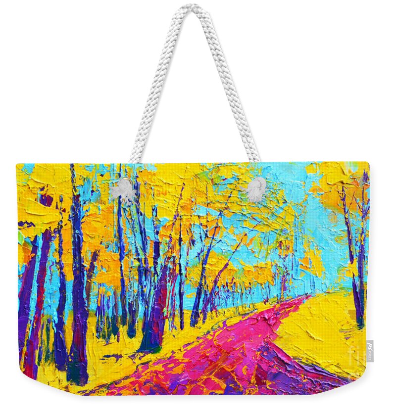 Enchanted Forest Collection - Modern Impressionist Landscape Art - Palette Knife Weekender Tote Bag featuring the painting Searching Within 2 Enchanted Forest Series - Modern Impressionist Landscape Painting Palette Knife by Patricia Awapara