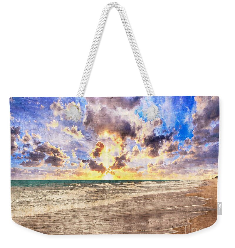 Aqua Weekender Tote Bag featuring the painting Seascape Sunset Impressionist Digital Painting B7 by Ricardos Creations