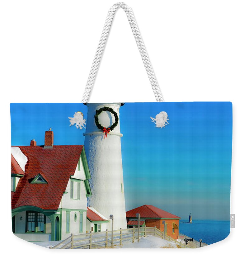 Lighthouse Weekender Tote Bag featuring the photograph Seasons Greetings from Portland Head Light by Jeff Cooper
